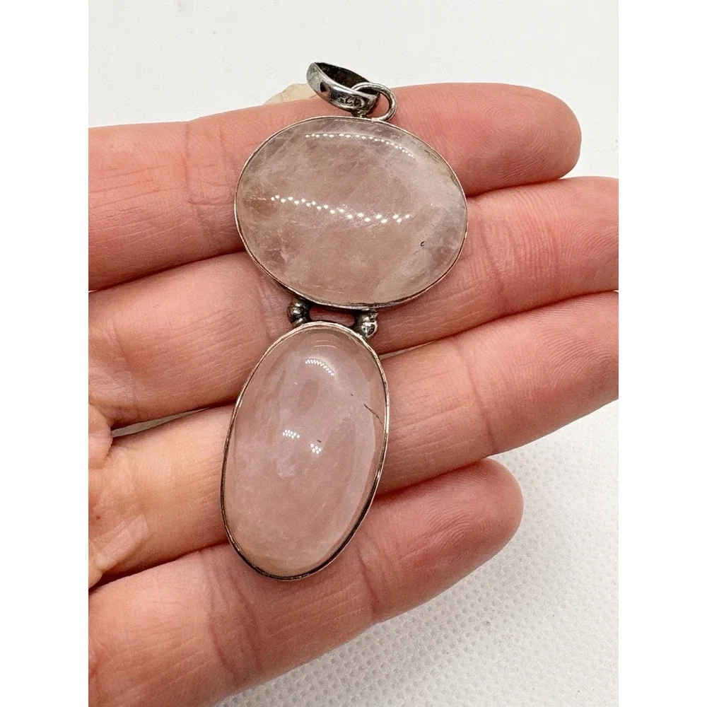 Sterling Silver Rose Quartz‎ Double Cabochon Pendant 20g Oval & Round Bezel 925